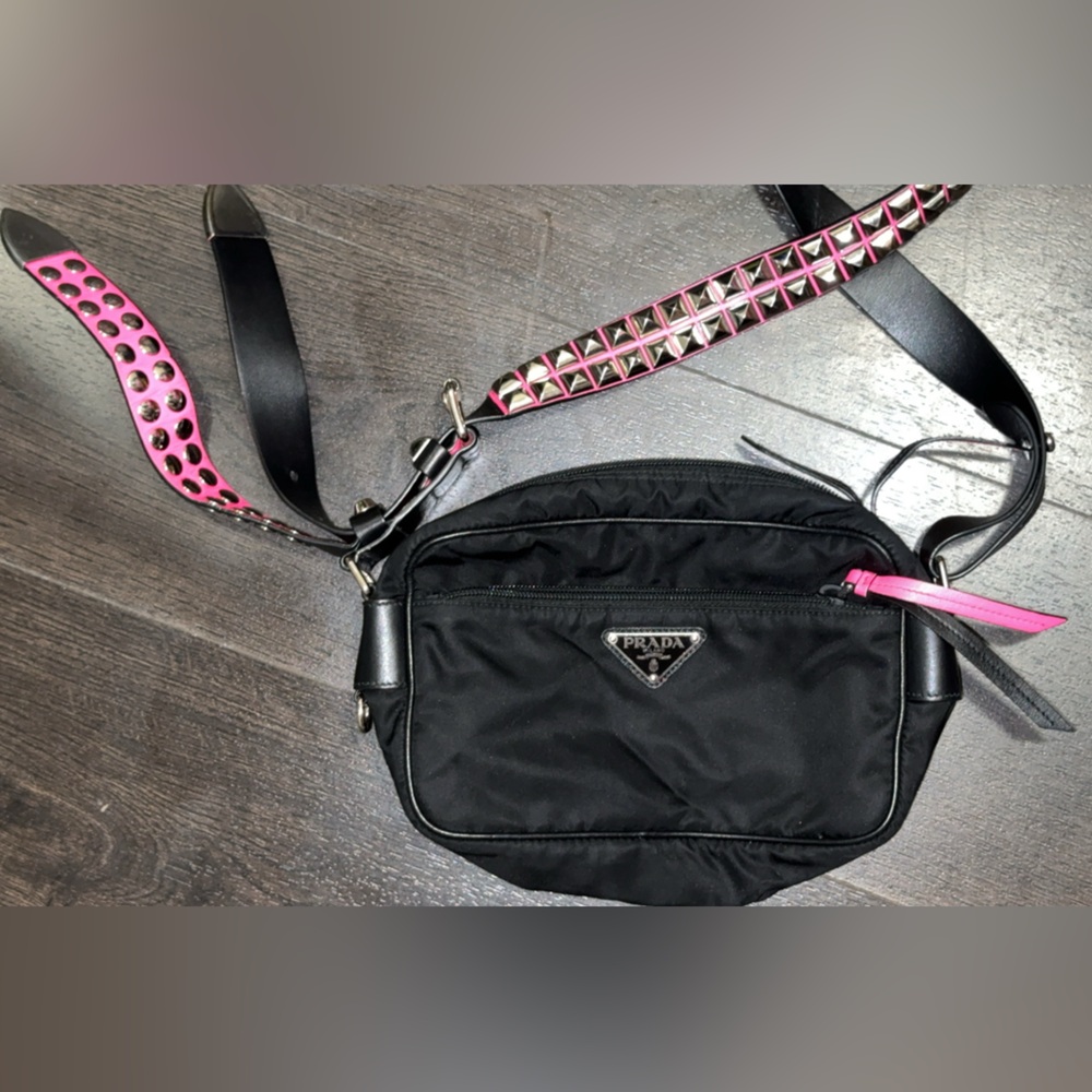 Prada Black/ Hot Pink Nylon Shoulder Bag with Studding